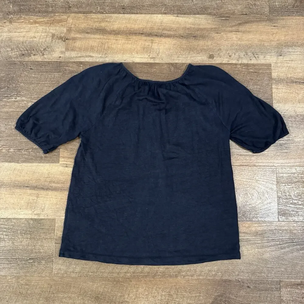 Boden 100% Linen Puff Sleeve Top T-Shirt Navy Casual Beach Vacation Comfort 4